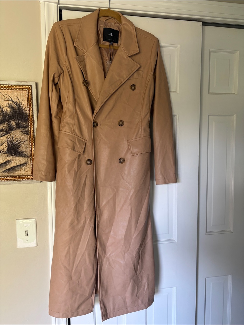 Never worn. Women’s 7 for all Man Kind Faux leather  Long Trench Coat in Tan